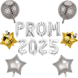 Prom Balloons Decorations 2025 for Graduation, 16 inch Gold Silver Mylar letter Balloons Prom Sign with 6 Pcs Disco and Star Balloons Decor for Class of 2025 Congrats Grad Party Supplies