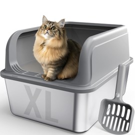 Powools Stainless Steel Cat Litter Box, Metal Kitty Litter Box with Scoop, Anti-Leakage Top Entry, Non-Sticky, Easy to Clean, Grey, 15.8" × 23.6" × 10.9"