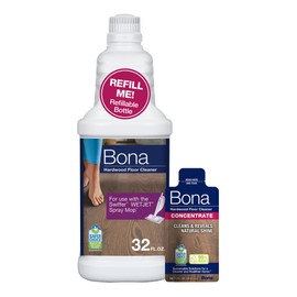 Bona Hardwood Floor Cleaner Bottle for use with Swiffer WETJET Spray Mop, makes 64 Fl Oz - Includes Filled Bottle + Concentrate Refill for Wood Floor Cleaning
