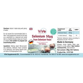 Selenium 50 μg – 100 Tablets from Selenium Yeast for 100 Days, Vegan, Only 1 Tablet Daily, Organic Selenium Quality from Germany ViVe Supplements