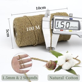 Uiopa Macrame Cord 1.5mm x 100m, Thick Rope Yarn Natural Cotton Cord, 2-Ply Macrame String for DIY Crafts, Plant Hangers, Wall Hangings, Decorations (Yellow Coffee)