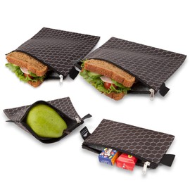 Nordic By Nature 4 Pack - Reusable Sandwich Bags Dishwasher Safe BPA Free - Durable Washable Quick Dry Cloth Baggies -Reusable Snack Bags School Lunches - Easy Open Zipper - (Black Metal)