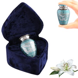 Small Keepsake Cremation Urns for Human Ashes - Beautifully Engraved Silver Metal Mini Urn - Pet Urn - Sharing Memorial Urn with Heart Shaped Velvet Case, Bag & Funnel (Blue Birds)