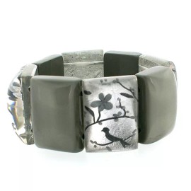 ZSISKA HANAMI 8 BEAD BIRD & BLOSSOM ELASTIC BRACELET.  SILVER/GREY