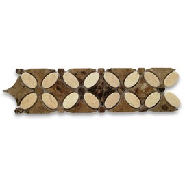 Stone Center Online Crema Marfil Marble Flower Mosaic Border Listello Tile w/Emperador Dark Dots Polished for Kitchen Backsplash Bathroom Flooring Shower Surround Dining Room (1 Sheet)