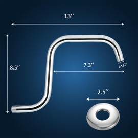 Shower Arm Pipe with Flange and Teflon Tape, Markcco 13'' S-Shape Stainless Steel Shower Head Extension Arm Long Goose Neck Curve Shower Head Riser Bracket Bathroom Supplies(Chrome)