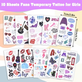 10 Sheets Temporary Tattoos for Birthday Party Favors, 100 Pcs Colorful Music Face Hand Tattoos for Kids Girls 13 Tattoos for Kids Party Favors Guitar Snake Cat Concert Accessories