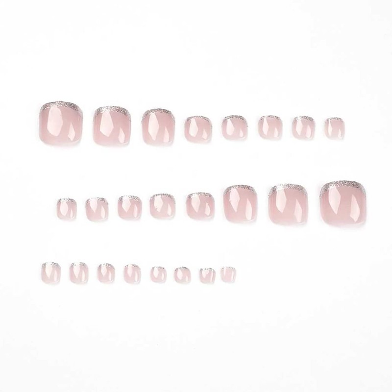 Square Press on Toenails Pink Fake Toenails with Glitter Design