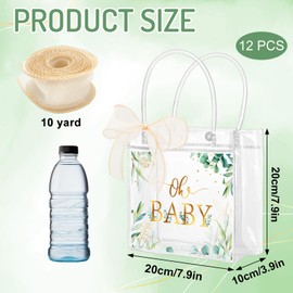 Whaline 12Pcs Baby Shower Clear PVC Gift Bags Greenery Eucalyptus Leaves Party Favor Bags with Handle Oh Baby Treat Tote Bags with Ribbon for Birthday Baby Shower, 7.9 x 3.9 x 7.9 Inch