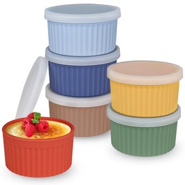 Koluti Nonstick Silicone Ramekins 8oz Set of 6, Creme Brulee Souffle Oven Safe Bowls with Lids, Pudding Dessert Baking Cups Ice Cream Snack Food Storage Container, BPA Free, Microwave, Freezer, Dishwasher Safe