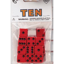 Set of 10 Six Sided Square Opaque 16mm D6 Dice -Red with Black Pip Die by Koplow Games