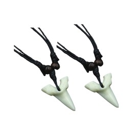 2PCS Hawaiian Protection Amulet Lucky Pendant Necklace Vintage Tiki Fish Hook Turtles Tortoise Shark Wolf Tooth Caved Satue Adjustable Rope Chain Necklaces for Men Women-Shark tooth