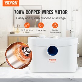 VEVOR 700W Macerator Pump, 9600 L/h Flow, 32.8 ft/10 m Head, Macerator Sewerage Sump Pump with 3 Water Inlets for Toilet, Basement, Kitchen, Sink, Shower, Bathtub Waste Water Disposal Upflush Machine