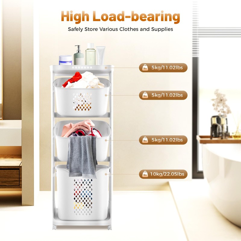 OLKKEFT 3 Tier Rolling Laundry Basket, Stacked Laundry Basket Organizer,