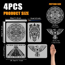 FINGERINSPIRE 4 Pcs Aztec Pattern Stencil with Brush 4 Styles Tribal Theme Painting Stencils Reusable PET Tribal Styles Bird Decoration Template PET Human Face Template for Wood Wall Floor Furniture