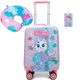 Inprof Cute Cat Kid’s Luggage Set 2 Piece Suitcase Set 16’’ Hardside Luggage with Spinner Wheels Girls Boys Carry on Toddler Luggage Travel Rolling Luggage Airline Approved