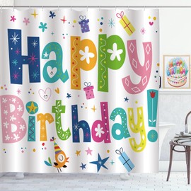 ZCHOMI Happy Birthday Shower Curtain Kids Birthday Party Rainbow Shower Curtain for Bathroom Waterproof Polyester Fabric Bathroom Curtain 72 x 72 Inch with 12 Plastic Hooks