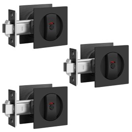 Bonpoly 3 Pack Black Pocket Door Lock, Pocket Door Privacy Lock with Red-Green Indicator, Keyless Bed/Bath Pocket Door Handles, Flush Square Door Lock for Sliding/Bifold Door, Heavy Duty Zinc Alloy