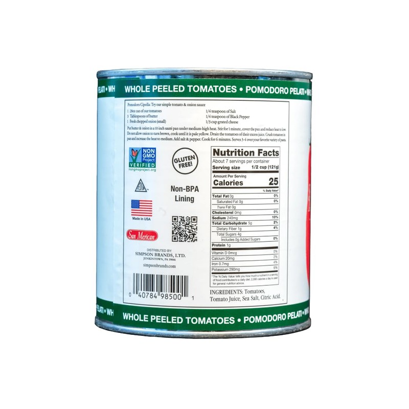 SMT San Merican Tomato Whole Peeled Tomatoes, 28oz (Pack of