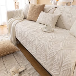 vctops Super Soft Velvet Quilted Sofa Couch Covers Non-Slip Sectional Couch Cover Leaf Pattern Plush Sofa Slipcover Furniture Protector for Pets Kids Children Dog Cat (Cream,36"x63")