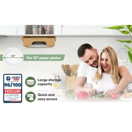 10 inch Paper Plate Dispenser Holder Bamboo Under Cabinet Vertical Rack for Kitchen Countertop Organizer Space Saver Shelf Lid Holder Counter Storage Can Dispenser Pantry Aid Caddy Estante