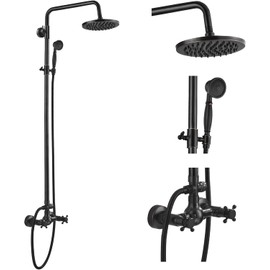 Sistema de Ducha para Baño 2 en 1 con Rociador de Mano, Grifo de Latón Macizo Acabado Bronce Envejecido, Ducha de Lluvia, Montaje en Pared con Dos