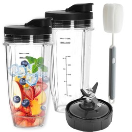 Blender Replacement Parts for Ninja, 2 * 24oz Ninja Blender Cups with To-Go Lids, 7 Fins Extractor Blade, Compatible with Nutri Ninja Auto iQ Blenders BL2012 BN801 BL480-30 (24oz*2)