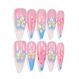 Handmade Nails Long Stiletto Lily Flower Press Ons Gradient Hand Painted Sweet Reusable Fake Nails 10 Pcs, Size Medium