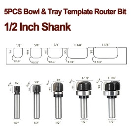 SICWOOD 5PCS Bowl & Tray Template Router Bit Set 1/2 Inch Shank, Cove Juice Groove Router Bit, Carbide Tipped Circle Round Nose Cutting, Ideal for Making Wood Bowls, Trays, Boxes, Board Troughs