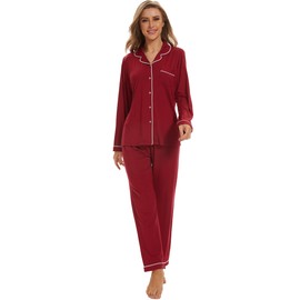 Yoolfine Button Up Pajamas for Women, Long Sleeve Sleepwear Soft Loungewear Ladies Pjs Set, Burgundy, Large