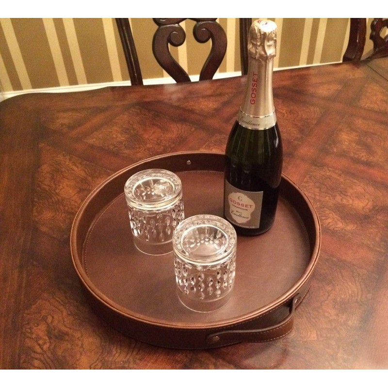 HofferRuffer Top Nocth PU Leather Round Serving Tray, Decorative Serving