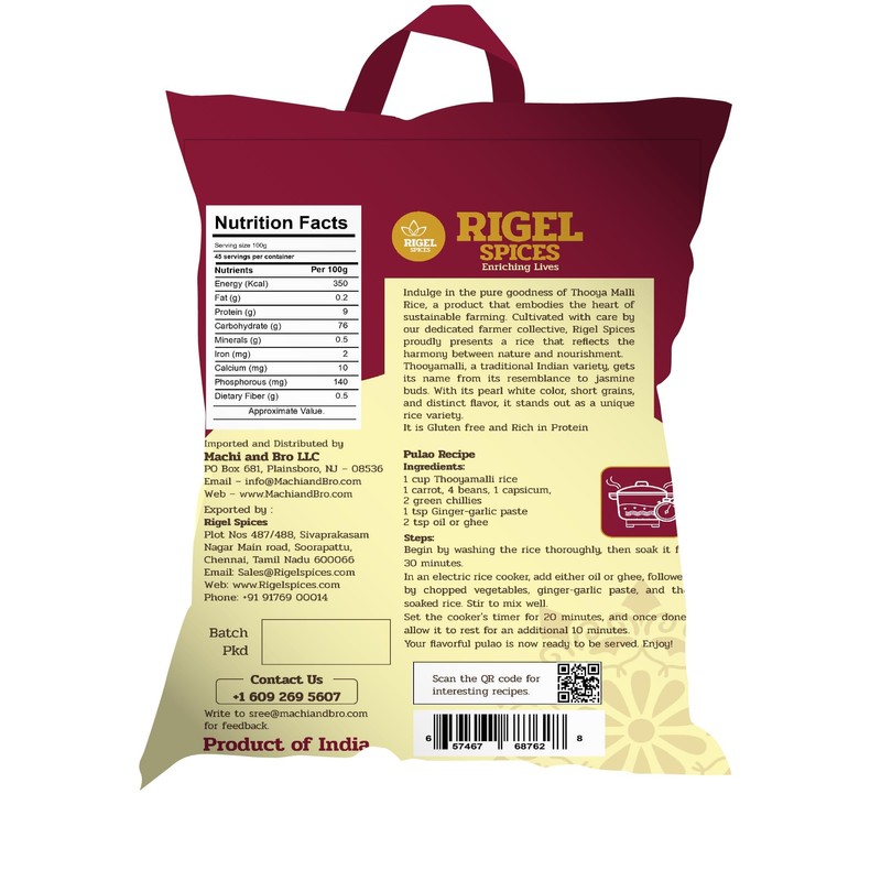 Rigel Spices | Thooyamalli Rice (4Lbs)| Jasmine Rice | 12+months