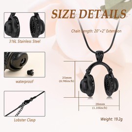 Music Headphone Urn Necklace for Ashes Stainless Steel Cremation Jewelry for Women Men Memorial Headset Pendant(Black)