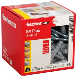 fischer Expansion dowels SX Plus 8 x 40 S, box of 50 nylon dowels and matching screws, dowels for optimal hold for fixings in concrete, solid brick, aerated concrete, perforated bricks and much more.
