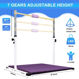 JOYSFIT Adjustable Gymnastics Bar for Kids with Mat - Sturdy Kip Bar with Rings, Horizontal Bar for Home Training, 3'-5' Height, Ages 3-15, 250 LBS Capacity, Easy Assembly.