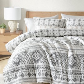 Finlonte King Comforter Set, 100% Cotton Bedding Set, Boho Quilted Bed Set, Geometric Striped Pattern Modern Bohemian Bedding, Fluffy Lightweight King Size Comforter, White/Grey, 104" × 90", 3Pcs
