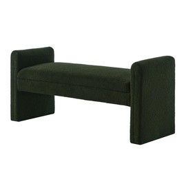 24KF Modern Boucle Teddy Lovely Bench, Upholstered Bed Bench Entryway Bench Ottoman with Armrest -Dark Green