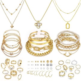 36 PCS Gold Plated Jewelry Set with 4 PCS Necklace, 11 PCS Bracelet, 7 PCS Ear Cuffs Earring, 14 Pcs Knuckle Rings for Women Girls Valentine Anniversary Birthday Friendship Gift - Color: Christmas