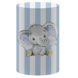 Iydamc Blue Stripes Cylinder Plinth Covers for Birthday Parties Baby Shower Wedding Decoration Cute Elephant Pedestal Stand Fabric Cover