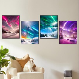MytaYt 5D Diamond Painting Set Diamond Painting Pictures Aurora Crystal Art Diamond Painting DIY Diamond Painting Winter Set of 4 for Adults Children Living Room Bedroom Wall Decoration