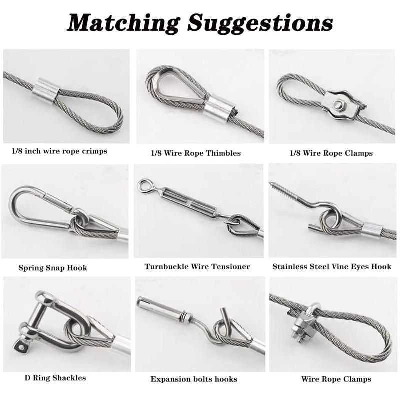 Roxanned 1/8" Stainless Steel Cable,100ft Wire Rope Kit Turnbuckles for