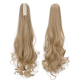 S-noilite Ponytail Extension Claw Clip in Ponytails 18" Long Curly Ends Wavy Jaw Clip on Ponytails Hair Extension Hairpiece Synthetic Pony Tails for Women Light Ash Brown mix Bleach Blonde
