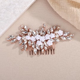 Teyglen Flower Rhinestone Wedding Hair Comb Floral Crystal Hair Piece Rose Gold Crystal Hair Side Comb Flower Bridal Headpiece Hair Accessories for Women (Rose gold)