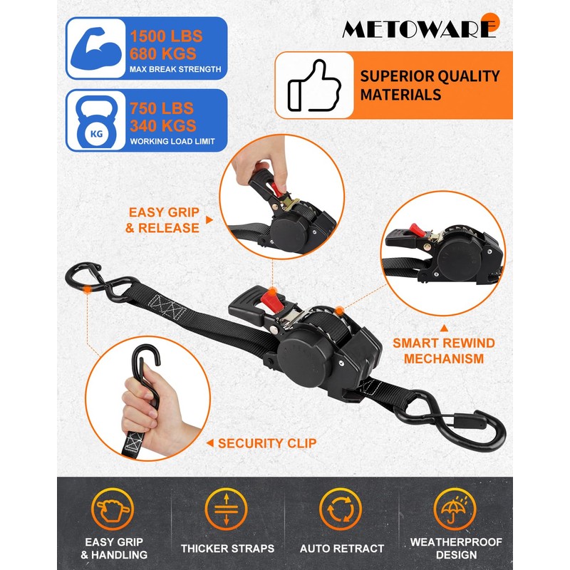 METOWARE Retractable Ratchet Straps (2-Pack) - 1 in x 10