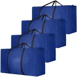 Dntorx Pack of 4 120L Large Storage Bags, Oxford Heavy-Duty Moving Bags with Zip, Handle, Moving Boxes, Large Travel Bag, Carry Bag for Duvets, Clothes, Bedding (Blue)