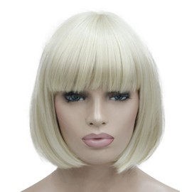 Lydell 8" Straight Short Bob Hair Flat Bangs Cute Central Dot Skin Top Heat Resistant Synthetic Wigs Pale Blonde
