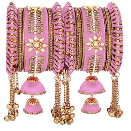 Aheli Wedding Party Designer Velvet Faux Stone Studded Bridal Bangle Set Chuda with Hangings Indian Traditional Ethnic Fashion Jewelry Gift for Women Pink