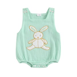 xkwyshop Newborn Baby First Easter Outfit Girl Boy Bunny Embroidery Bubble Romper Sleeveless Bodysuit Linen Overall Clothes (Green, 3-6 Months)