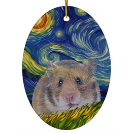 Whimsical Night Sky Golden Brown Hamster Christmas Ornament White Oval Ceramic - Impressionist Pet Portrait Memorial Keepsake Gifts for Hamster Lovers