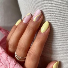 Short Almond Press on Nails Yellow OFDNE Fake Nails Full Cover False Nails Glitter Swirl Designs Glossy Glue on Nails Solid Colour Stick on Nails Reusable Acrylic Nails for Women Girls 24 Pcs